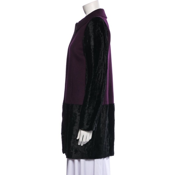 TIBI New York Colorblock Purple Black Wool Hidden Placket Faux Fur Coat EUC Sz 8 - Picture 2 of 12